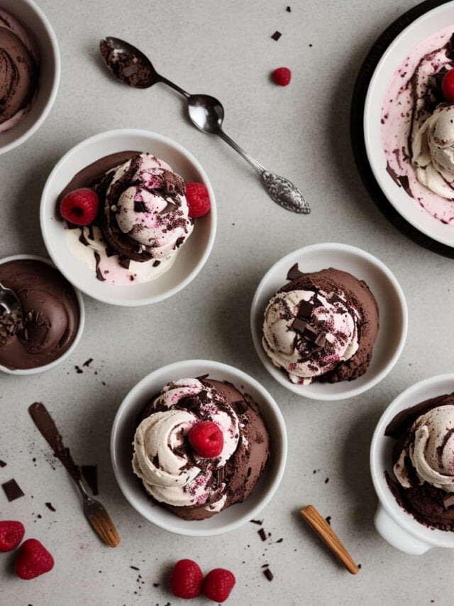 Vegan chocolate and almond ice cream with raspberry swirl: a sustainable delight